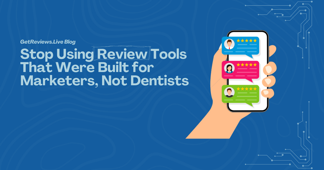 Illustration of a hand holding a phone showing star-rated reviews, used in a GetReviews.Live blog about Stop Using Review Tools That Were Built for Marketers, Not Dentists