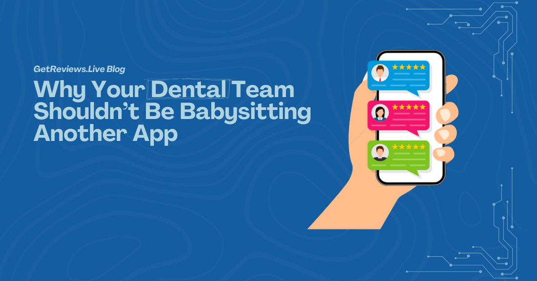 Illustration of a hand holding a phone showing star-rated reviews, used in a GetReviews.Live blog about Why Your Dental Team Shouldn’t Be Babysitting Another App