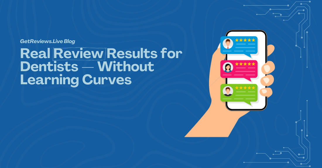 Illustration of a hand holding a phone showing star-rated reviews, used in a GetReviews.Live blog about Real Review Results for Dentists — Without Learning Curves