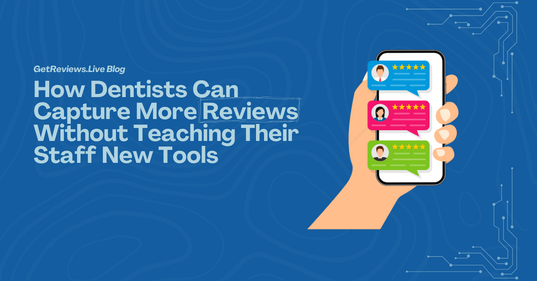 Illustration of a hand holding a phone showing star-rated reviews, used in a GetReviews.Live blog about How Dentists Can Capture More Reviews Without Teaching Their Staff New Tools