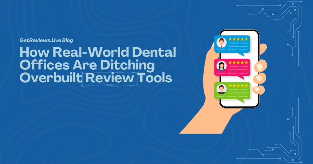 Illustration of a hand holding a phone showing star-rated reviews, used in a GetReviews.Live blog about How Real-World Dental Offices Are Ditching Overbuilt Review Tools