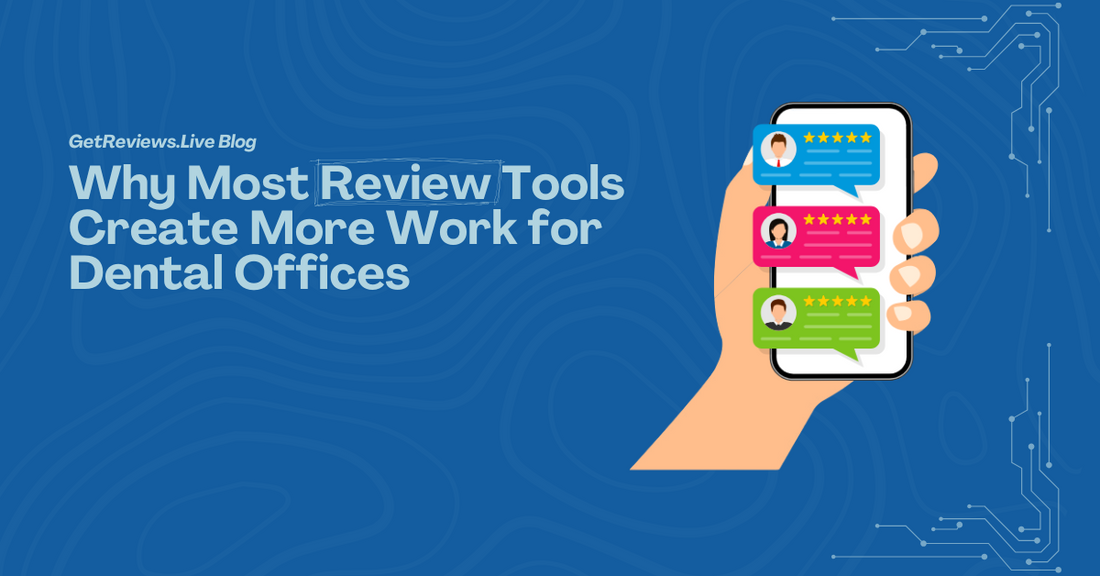 Illustration of a hand holding a phone showing star-rated reviews, used in a GetReviews.Live blog about Why Most Review Tools Create More Work for Dental Offices
