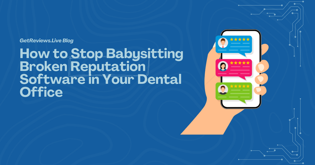 Illustration of a hand holding a phone showing star-rated reviews, used in a GetReviews.Live blog about How to Stop Babysitting Broken Reputation Software in Your Dental Office