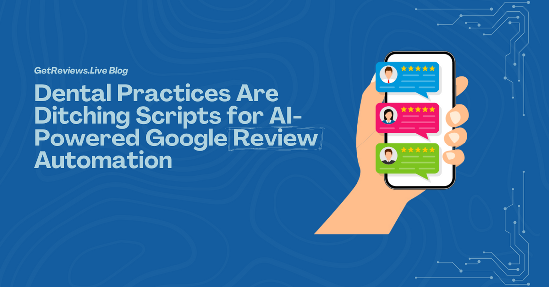 Illustration of a hand holding a phone showing star-rated reviews, used in a GetReviews.Live blog about Dental Practices Are Ditching Scripts for AI-Powered Google Review Automation