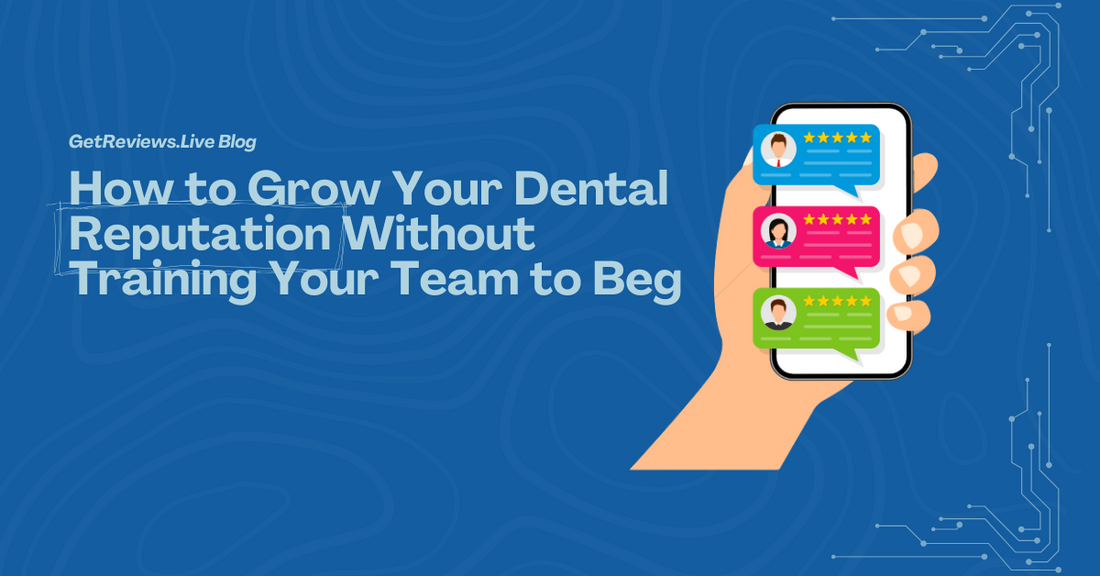 Illustration of a hand holding a phone showing star-rated reviews, used in a GetReviews.Live blog about How to Grow Your Dental Reputation Without Training Your Team to Beg