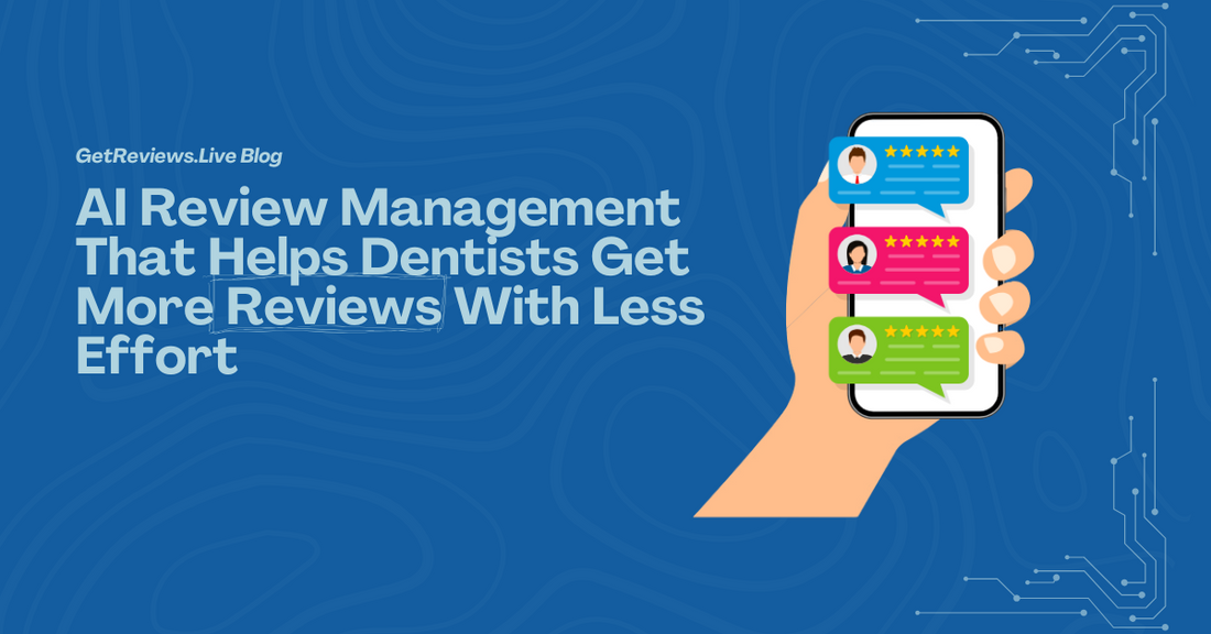 Illustration of a hand holding a phone showing star-rated reviews, used in a GetReviews.Live blog about AI Review Management That Helps Dentists Get More Reviews With Less Effort