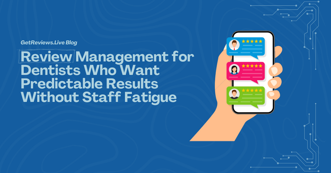 Illustration of a hand holding a phone showing star-rated reviews, used in a GetReviews.Live blog about Review Management for Dentists Who Want Predictable Results Without Staff Fatigue