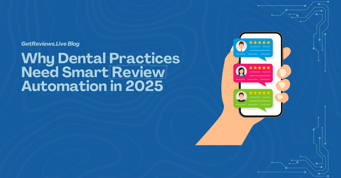 Illustration of a hand holding a phone showing star-rated reviews, used in a GetReviews.Live blog aboutWhy Dental Practices Need Smart Review Automation in 2025