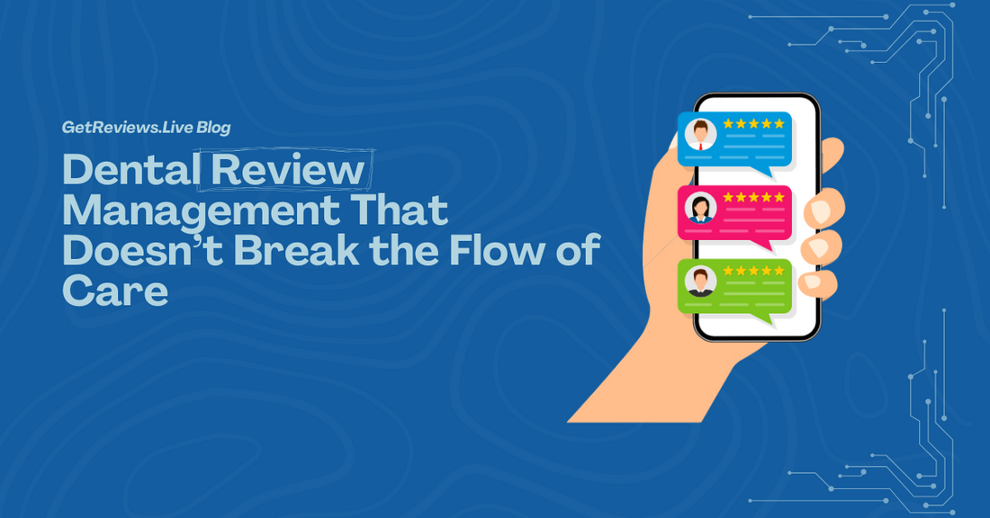 Illustration of a hand holding a phone showing star-rated reviews, used in a GetReviews.Live blog about Dental Review Management That Doesn’t Break the Flow of Care