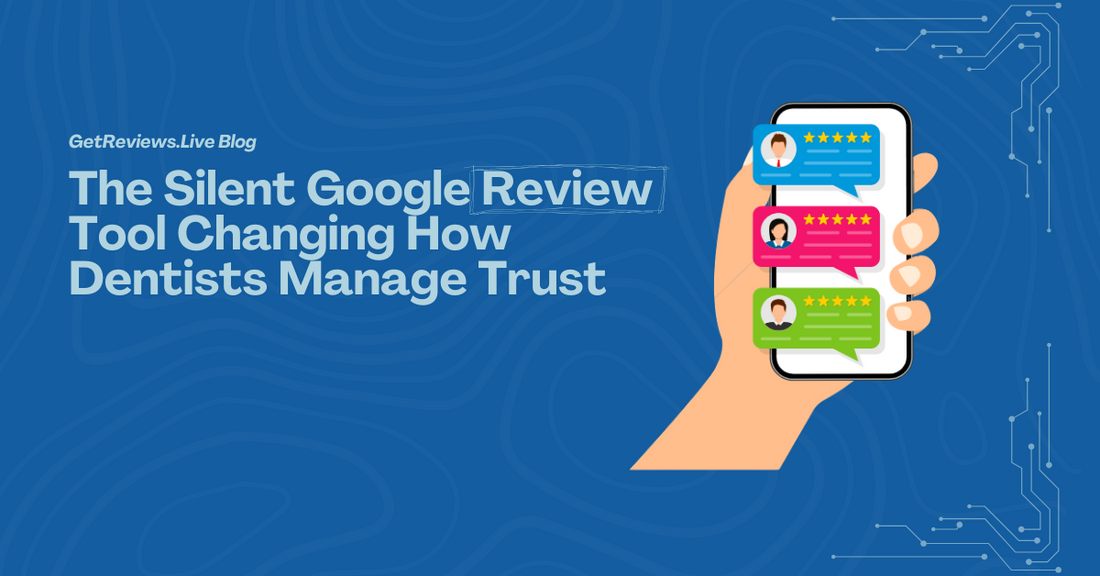 Illustration of a hand holding a phone showing star-rated reviews, used in a GetReviews.Live blog about The Silent Google Review Tool Changing How Dentists Manage Trust