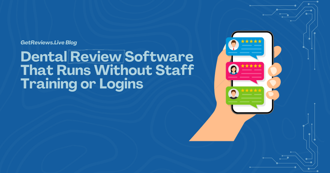 Illustration of a hand holding a phone showing star-rated reviews, used in a GetReviews.Live blog about Dental Review Software That Runs Without Staff Training or Logins