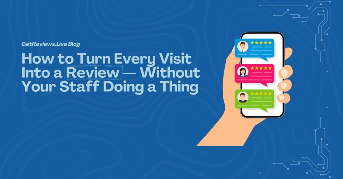 Illustration of a hand holding a phone showing star-rated reviews, used in a GetReviews.Live blog about How to Turn Every Visit Into a Review — Without Your Staff Doing a Thing