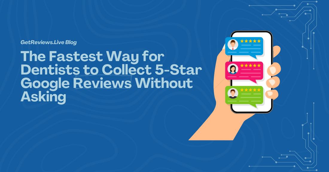 Illustration of a hand holding a phone showing star-rated reviews, used in a GetReviews.Live blog about The Fastest Way for Dentists to Collect 5-Star Google Reviews Without Asking