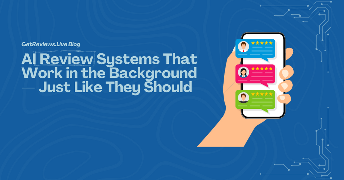 Illustration of a hand holding a phone showing star-rated reviews, used in a GetReviews.Live blog about AI Review Systems That Work in the Background — Just Like They Should