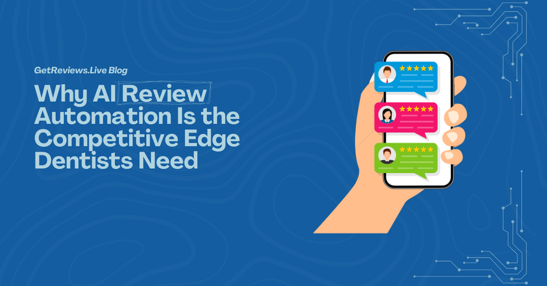 Illustration of a hand holding a phone showing star-rated reviews, used in a GetReviews.Live blog about Stop Depending on Scripts to Drive Reviews — Let AI Handle It