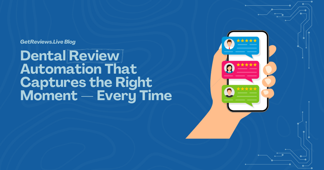 Illustration of a hand holding a phone showing star-rated reviews, used in a GetReviews.Live blog about Dental Review Automation That Captures the Right Moment — Every Time