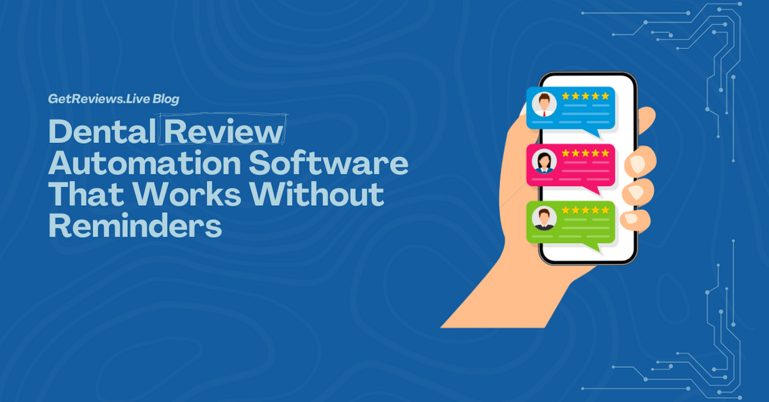 Illustration of a hand holding a phone showing star-rated reviews, used in a GetReviews.Live blog about Dental Review Automation Software That Works Without Reminders