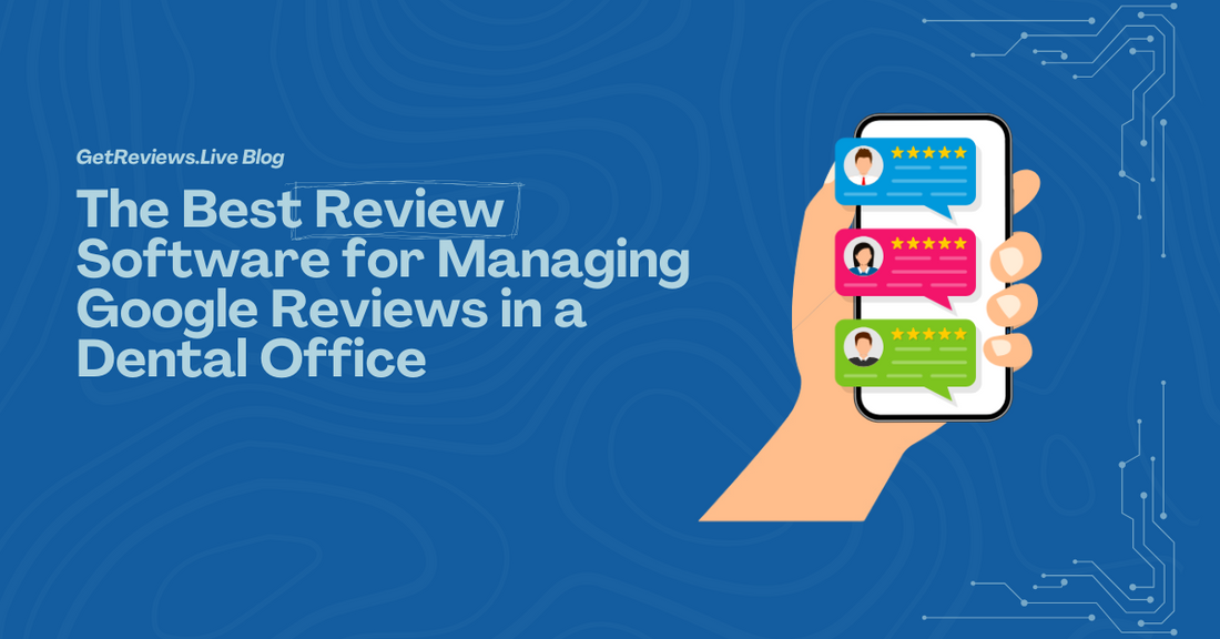 Illustration of a hand holding a phone showing star-rated reviews, used in a GetReviews.Live blog about The Best Review Software for Managing Google Reviews in a Dental Office