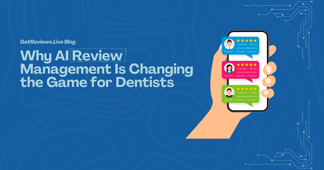 Illustration of a hand holding a phone showing star-rated reviews, used in a GetReviews.Live blog about Why AI Review Management Is Changing the Game for Dentists 