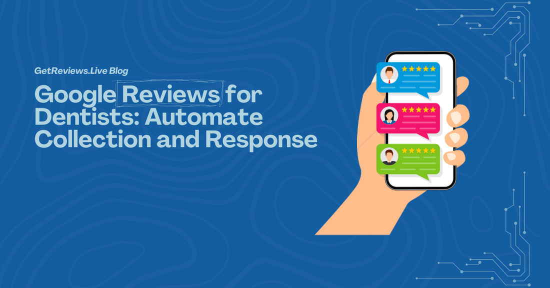 Illustration of a hand holding a phone showing star-rated reviews, used in a GetReviews.Live blog about Google Reviews for Dentists: Automate Collection and Response