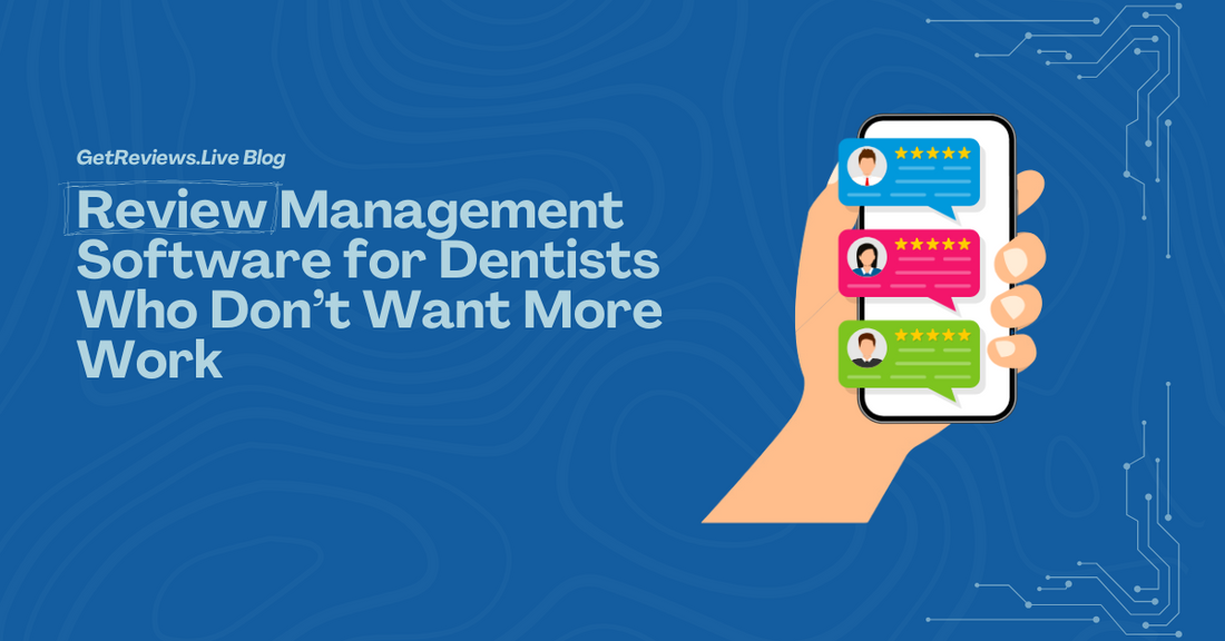 Illustration of a hand holding a phone showing star-rated reviews, used in a GetReviews.Live blog about Review Management Software for Dentists Who Don’t Want More Work