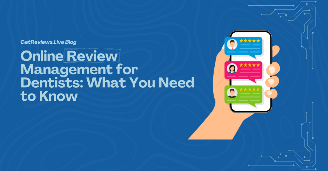 Illustration of a hand holding a phone showing star-rated reviews, used in a GetReviews.Live blog about Online Review Management for Dentists: What You Need to Know