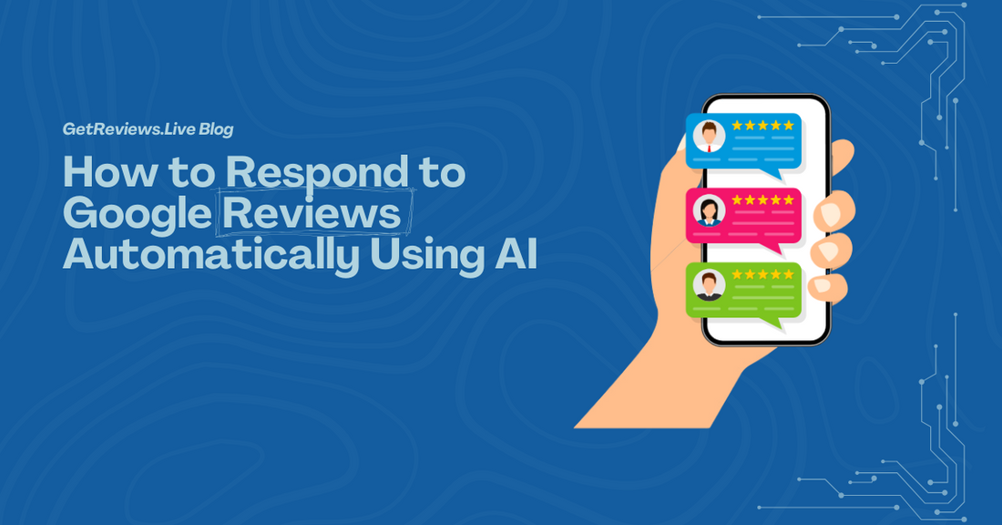 Illustration of a hand holding a phone showing star-rated reviews, used in a GetReviews.Live blog about How to Respond to Google Reviews Automatically Using AI