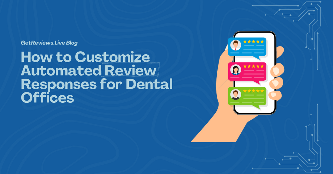 Illustration of a hand holding a phone showing star-rated reviews, used in a GetReviews.Live blog about How to Customize Automated Review Responses for Dental Offices