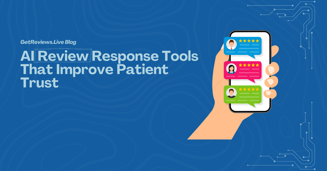 Illustration of a hand holding a phone showing star-rated reviews, used in a GetReviews.Live blog about AI Review Response Tools That Improve Patient Trust