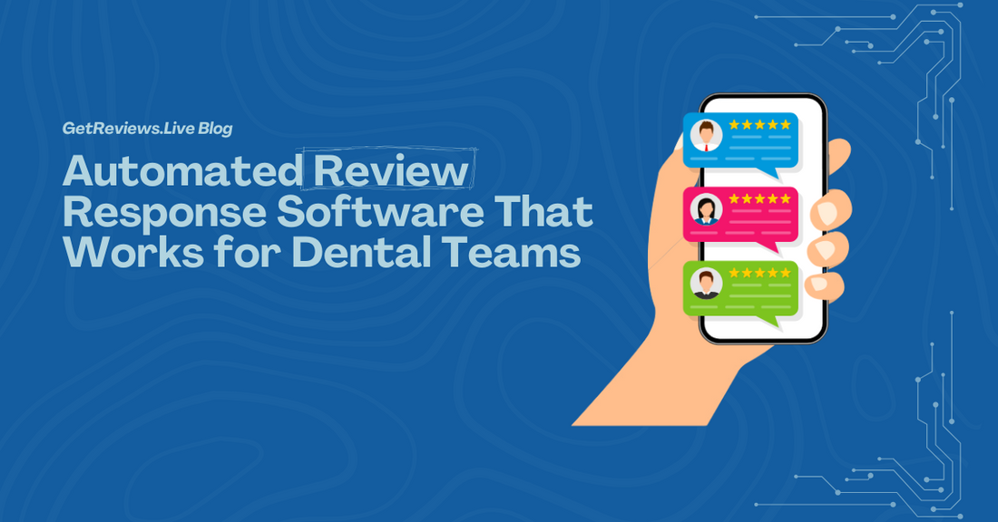 Illustration of a hand holding a phone showing star-rated reviews, used in a GetReviews.Live blog about Automated Review Response Software That Works for Dental Teams