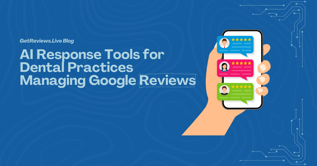 Illustration of a hand holding a phone showing star-rated reviews, used in a GetReviews.Live blog about AI Response Tools for Dental Practices Managing Google Reviews