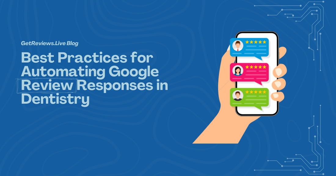 Illustration of a hand holding a phone showing star-rated reviews, used in a GetReviews.Live blog about Best Practices for Automating Google Review Responses in Dentistry