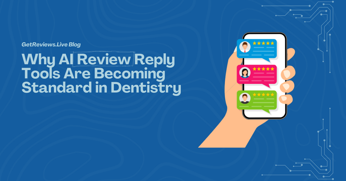 Illustration of a hand holding a phone showing star-rated reviews, used in a GetReviews.Live blog about Why AI Review Reply Tools Are Becoming Standard in Dentistry