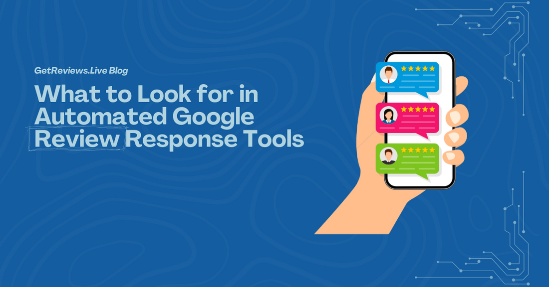 Illustration of a hand holding a phone showing star-rated reviews, used in a GetReviews.Live blog about What to Look for in Automated Google Review Response Tools