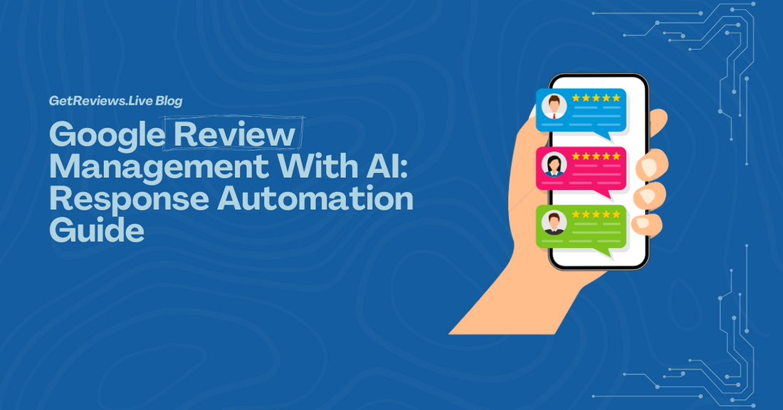 Illustration of a hand holding a phone showing star-rated reviews, used in a GetReviews.Live blog about Google Review Management With AI: Response Automation Guide