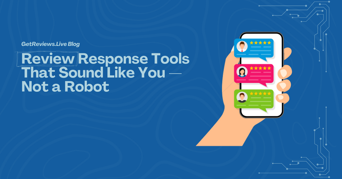Illustration of a hand holding a phone showing star-rated reviews, used in a GetReviews.Live blog about Review Response Tools That Sound Like You — Not a Robot