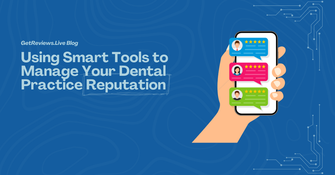 Illustration of a hand holding a phone showing star-rated reviews, used in a GetReviews.Live blog about Using Smart Tools to Manage Your Dental Practice Reputation
