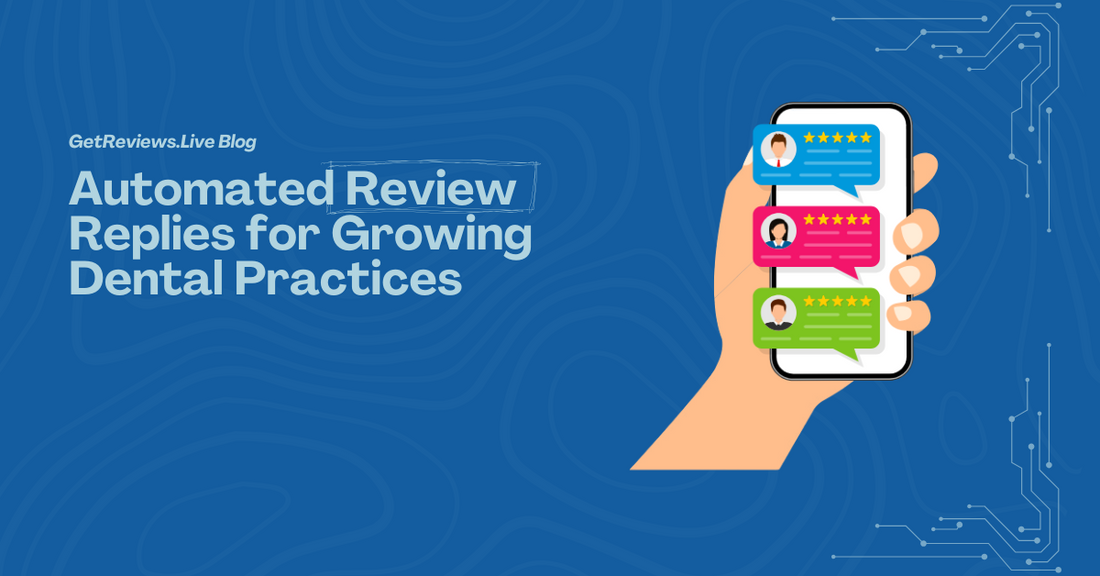 Illustration of a hand holding a phone showing star-rated reviews, used in a GetReviews.Live blog about Automated Review Replies for Growing Dental Practices