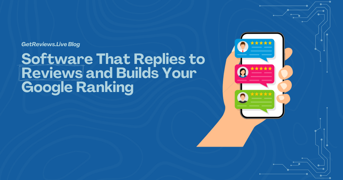Illustration of a hand holding a phone showing star-rated reviews, used in a GetReviews.Live blog about Software That Replies to Reviews and Builds Your Google Ranking