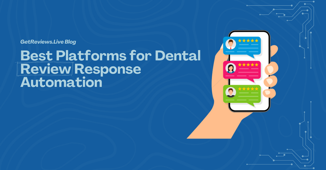 Illustration of a hand holding a phone showing star-rated reviews, used in a GetReviews.Live blog about Best Platforms for Dental Review Response Automation