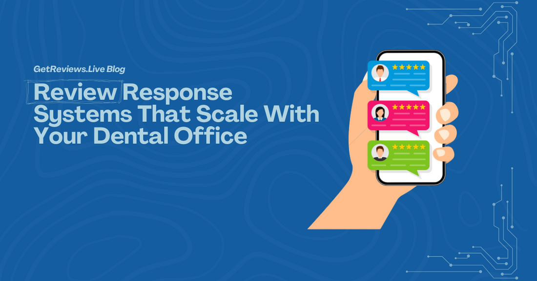 Illustration of a hand holding a phone showing star-rated reviews, used in a GetReviews.Live blog about Review Response Systems That Scale With Your Dental Office