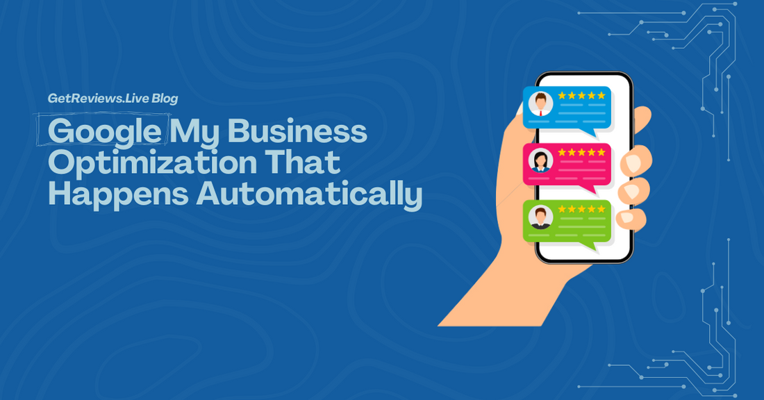 Illustration of a hand holding a phone showing star-rated reviews, used in a GetReviews.Live blog about Google My Business Optimization That Happens Automatically 