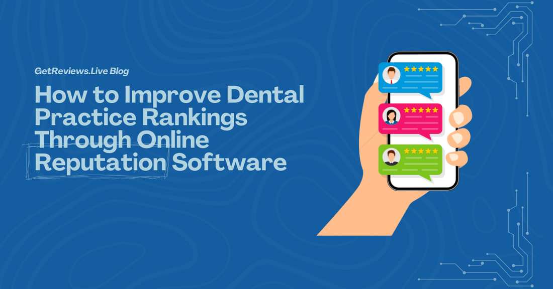 Illustration of a hand holding a phone showing star-rated reviews, used in a GetReviews.Live blog about How to Improve Dental Practice Rankings Through Online Reputation Software