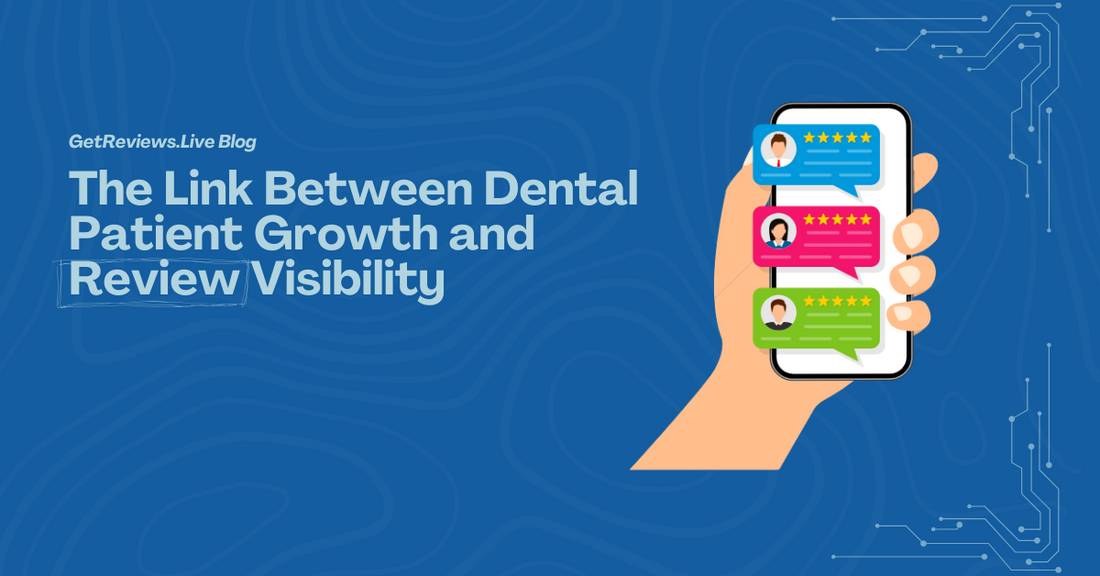 Illustration of a hand holding a phone showing star-rated reviews, used in a GetReviews.Live blog about The Link Between Dental Patient Growth and Review Visibility