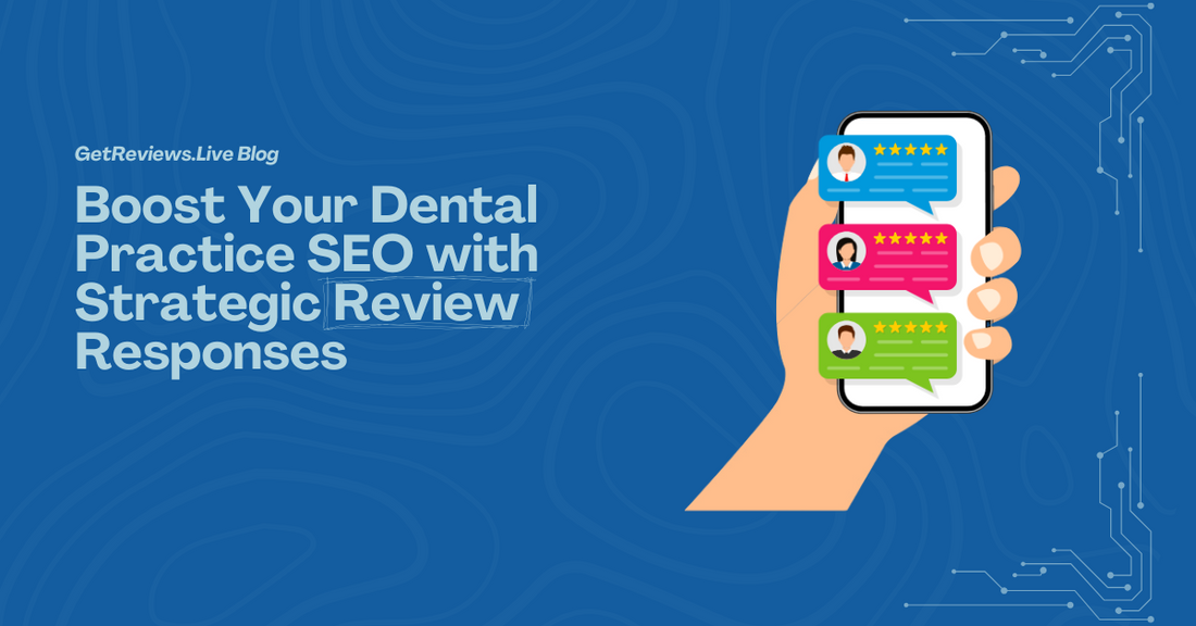 Illustration of a hand holding a phone showing star-rated reviews, used in a GetReviews.Live blog about Boost Your Dental Practice SEO with Strategic Review Responses