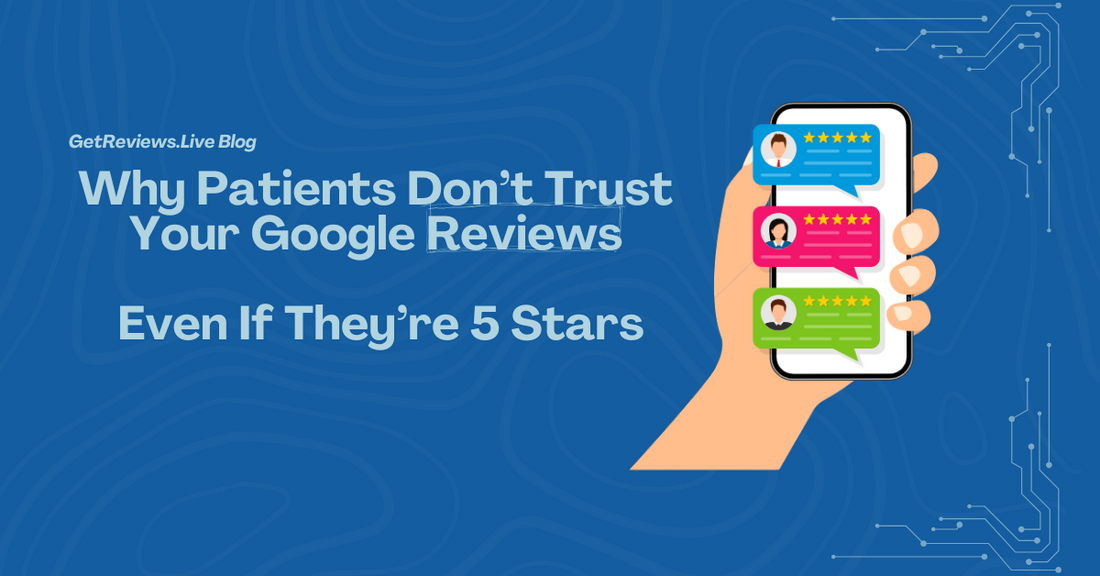 Illustration of a hand holding a phone showing star-rated reviews, used in a GetReviews.Live blog about Why Patients Don’t Trust Your Google Reviews — Even If They’re 5 Stars