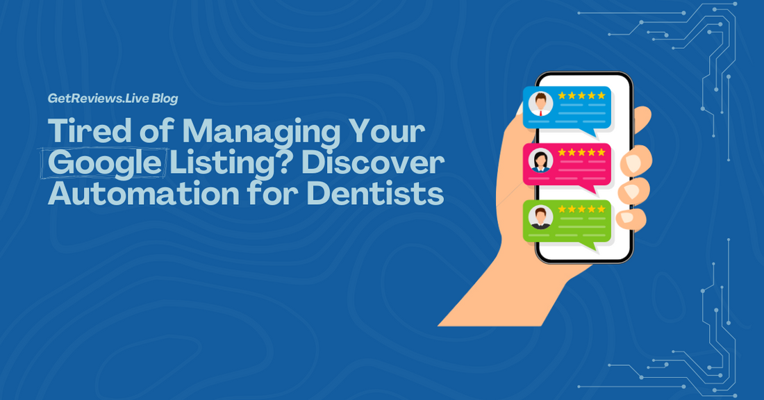 Illustration of a hand holding a phone showing star-rated reviews, used in a GetReviews.Live blog about Tired of Managing Your Google Listing? Discover Automation for Dentists