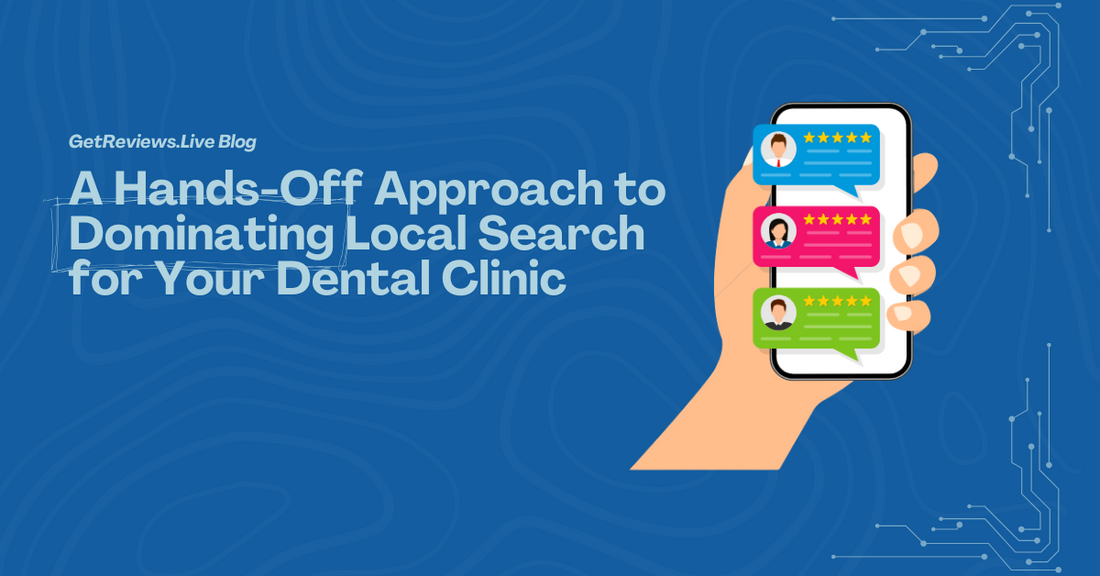 Illustration of a hand holding a phone showing star-rated reviews, used in a GetReviews.Live blog about A Hands-Off Approach to Dominating Local Search for Your Dental Clinic