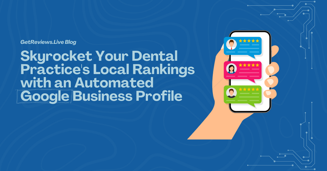 Illustration of a hand holding a phone showing star-rated reviews, used in a GetReviews.Live blog about Skyrocket Your Dental Practice's Local Rankings with an Automated Google Business Profile