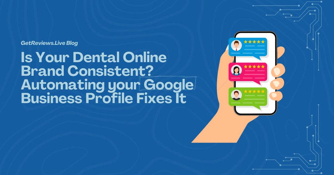 Illustration of a hand holding a phone showing star-rated reviews, used in a GetReviews.Live blog about Is Your Dental Online Brand Consistent? Automating your Google Business Profile Fixes It